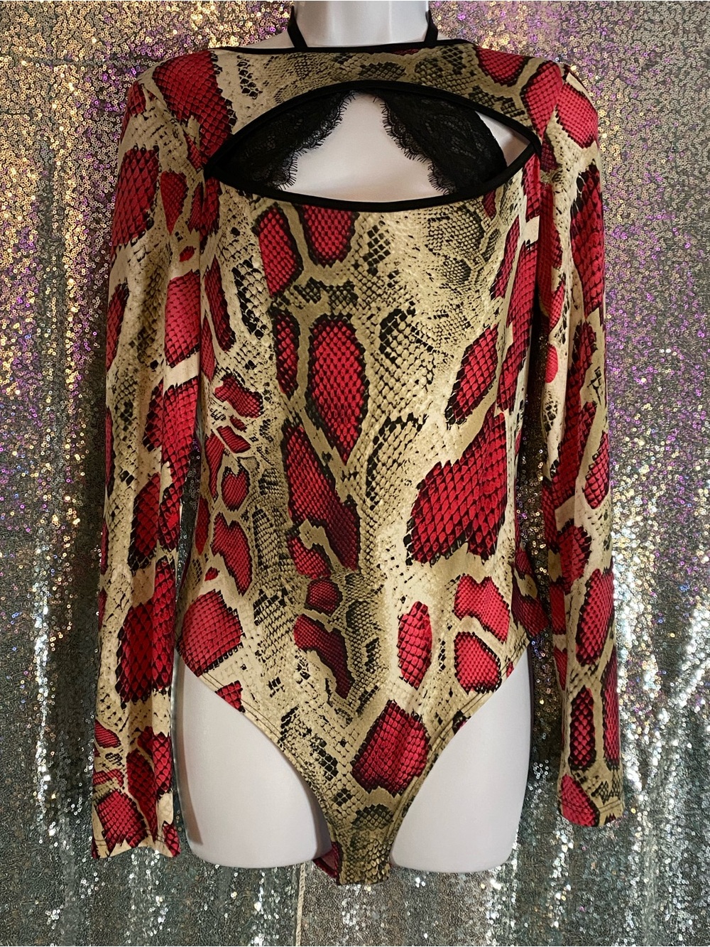 Raspberry Python Print | Cutout Bodysuit | Long Sleeve Snake Print | Sz Large